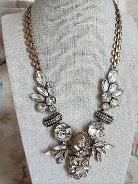 J. Crew Runway Antiqued Brass Tone Hardware Clear Rhinestones Statement Necklace